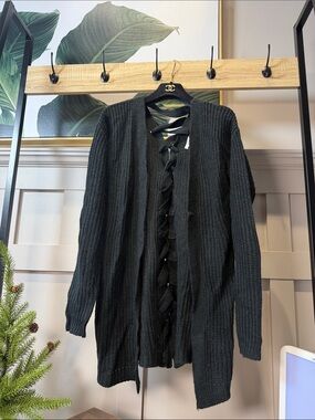 Black Women Open-Front Knit Cardigan with Lace-Up Detail S